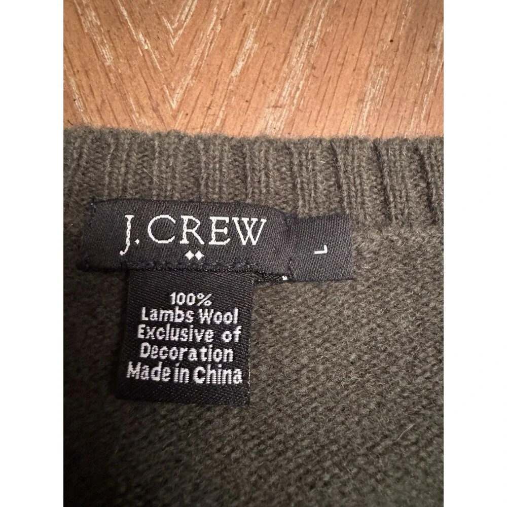 J. Crew Mens 100% Lambs Wool Sweater Size L Crew Neck Hunter Green Embroidered